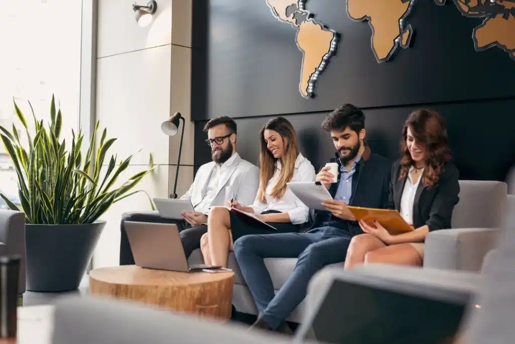 A image of a multiracial group walking to a office to start a business in brazil.