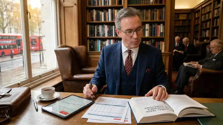 A man in a suit studies a book titled "Global Trade Strategy" at a library table.