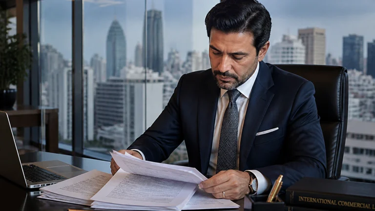 Executivo jurídico analisando documentos em um escritório corporativo moderno em São Paulo, representando a responsabilidade legal de representantes locais no Brasil.