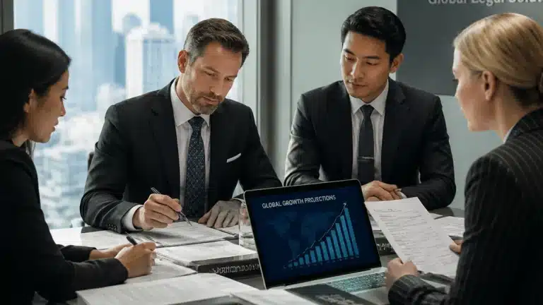 Professional business team collaborating in a modern boardroom to review legal documents and financial strategies for opening a new corporate subsidiary in Brazil.