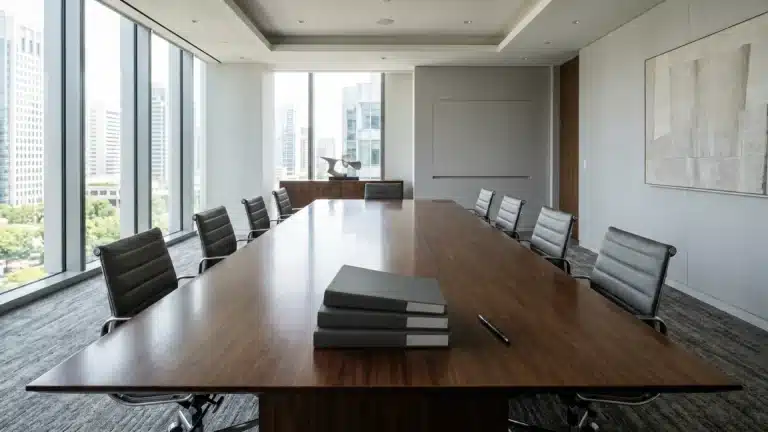 A modern corporate meeting room featuring a large dark wood table in the center, surrounded by gray office chairs. On the table, there is a stack of folders and a pen. In the background, large glass windows offer a view of urban buildings.