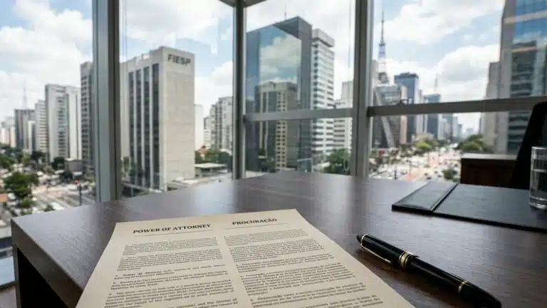 A wooden office desk with a legal document titled 'Power of Attorney / Procuração' and a black fountain pen, positioned in front of floor-to-ceiling windows overlooking Avenida Paulista and the FIESP building in São Paulo, Brazil.