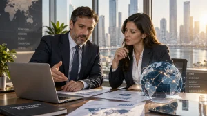 Executivos em reunião em um escritório corporativo moderno, ilustrando o conceito de Acordos de Dupla Tributação em negócios internacionais no Brasil.
