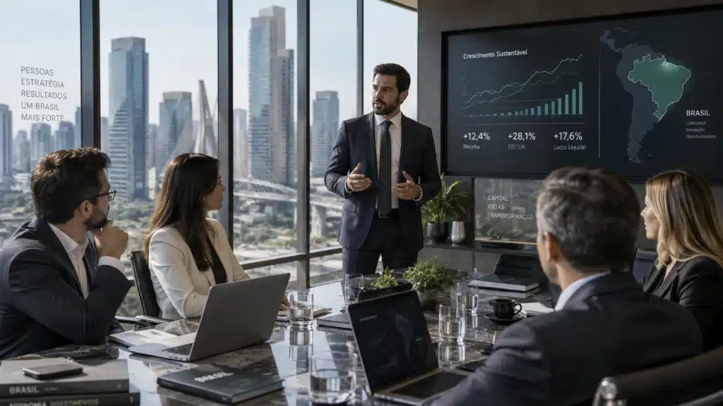 Executivos em um escritório moderno com vista para o centro financeiro de São Paulo, ilustrando a estratégia de entrada no mercado brasileiro usando Employer of Record (EoR).