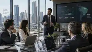 Executivos em um escritório moderno com vista para o centro financeiro de São Paulo, ilustrando a estratégia de entrada no mercado brasileiro usando Employer of Record (EoR).