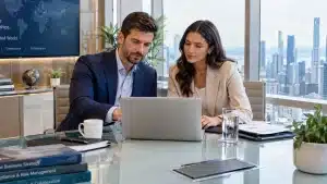 Profissionais em uma sala de reunião corporativa e moderna analisando estratégias de contratação e gestão de riscos trabalhistas no Brasil