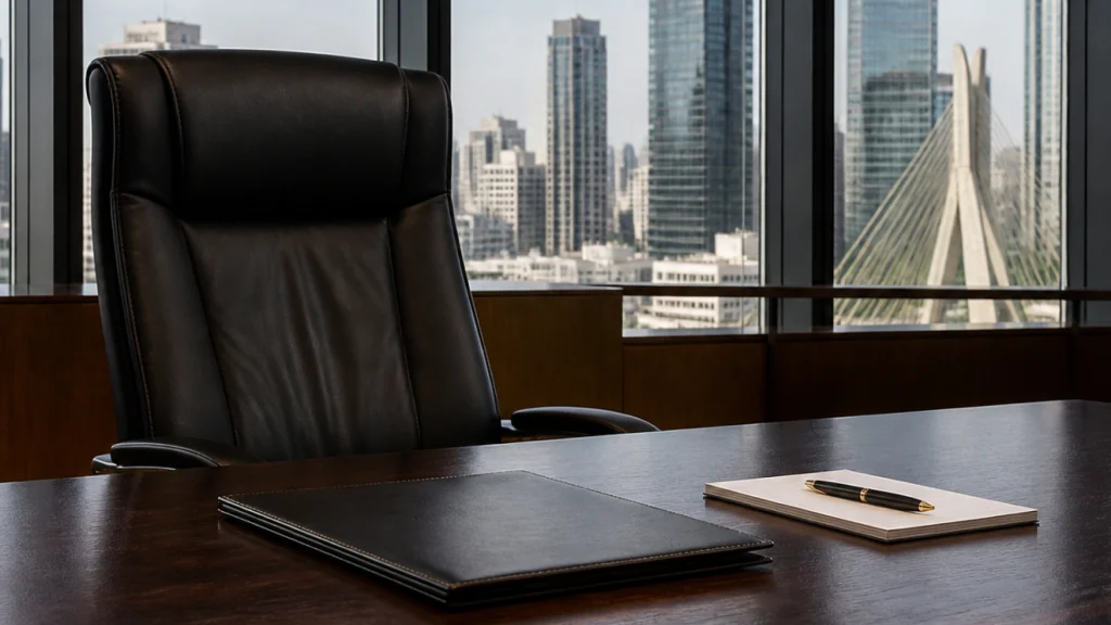 Sala de reuniões executiva de alto padrão em um escritório moderno no Brasil, com uma mesa de madeira polida, cadeira de couro vazia e vista para o skyline da cidade de São Paulo através de grandes janelas de vidro, transmitindo profissionalismo e governança.