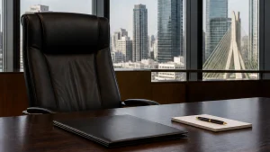Sala de reuniões executiva de alto padrão em um escritório moderno no Brasil, com uma mesa de madeira polida, cadeira de couro vazia e vista para o skyline da cidade de São Paulo através de grandes janelas de vidro, transmitindo profissionalismo e governança.