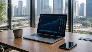 Notebook aberto sobre mesa de madeira exibindo tela escura com gráfico financeiro de alta. Ao lado do computador, há uma xícara de café e um smartphone, com vista para grandes prédios urbanos através da janela ao fundo.