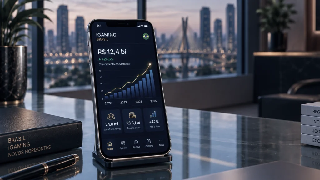 Smartphone sobre uma mesa corporativa exibindo gráficos financeiros e dados do mercado de apostas online no Brasil.