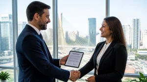 Dois executivos de negócios em trajes formais em um escritório moderno em São Paulo, trocando um tablet eletrônico para simbolizar uma transição segura e sem impactos nas operações da empresa no Brasil.