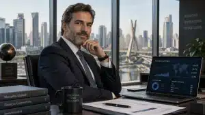 Executivo corporativo analisando relatórios financeiros de repatriação de capitais e tributação de dividendos em um escritório moderno no Brasil.